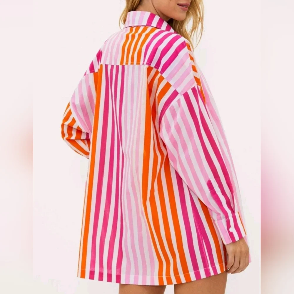 Beach Riot Nwot Alexa Coverup Button Down Sunset Stripes Pink Orange Sz L/XL - Picture 3 of 14